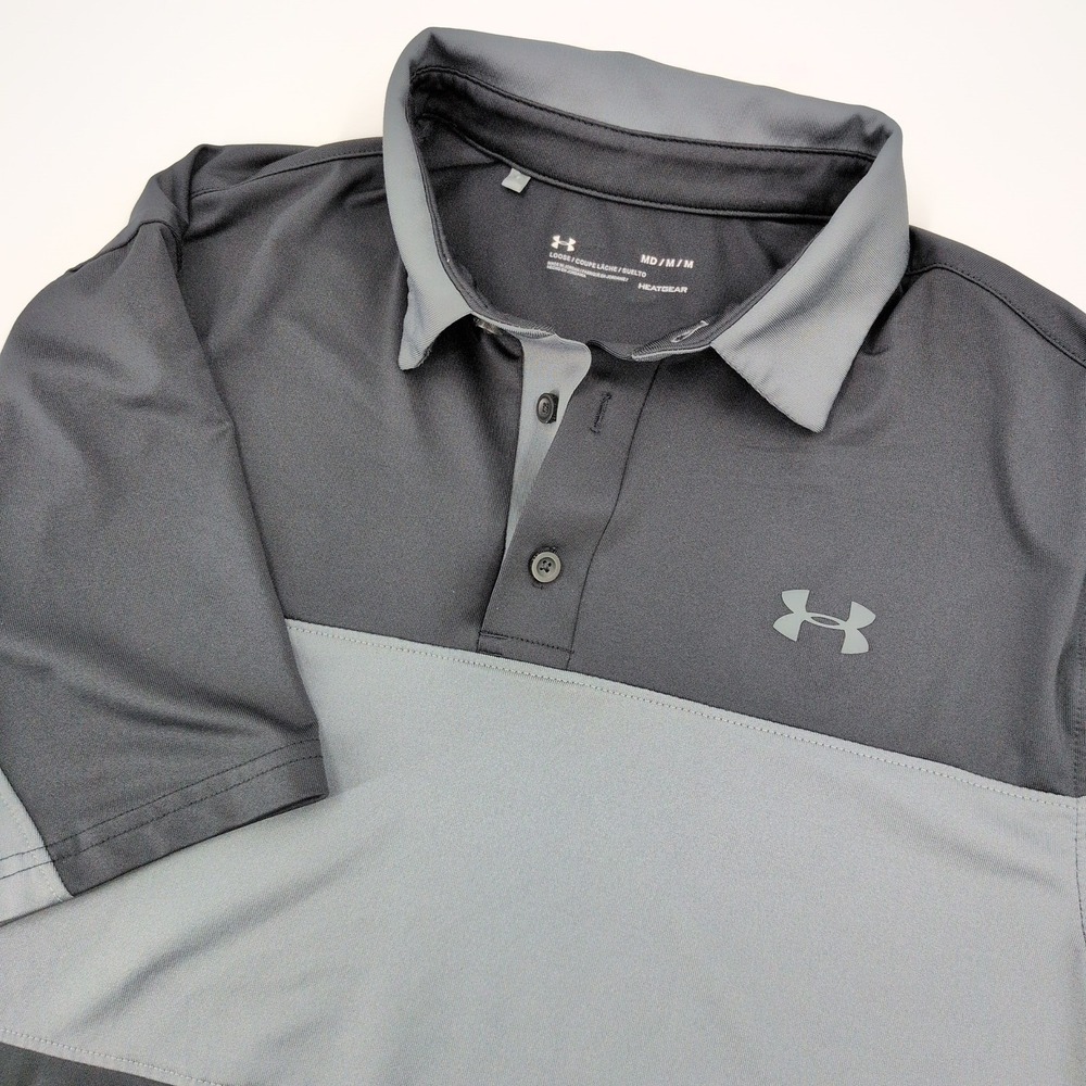 Under Armour HeatGear Colorblock Polo Shirt Mens Medium Grey Black Performance